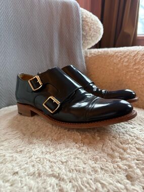 The Office of Angela Scott Women’s Leather Double Monk Strap Flats in Ocean